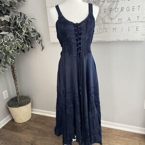 Lapogee Dress Womens Free Size Navy Blue‎ Boho Embroidered Lace Up Maxi Tassel